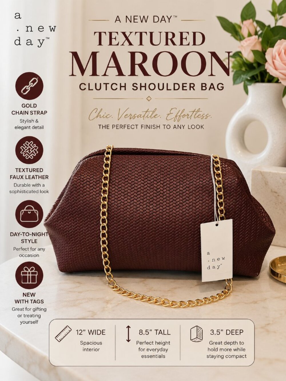 Maroon Textured Faux Leather Chain Clutch Shoulder Bag NWT